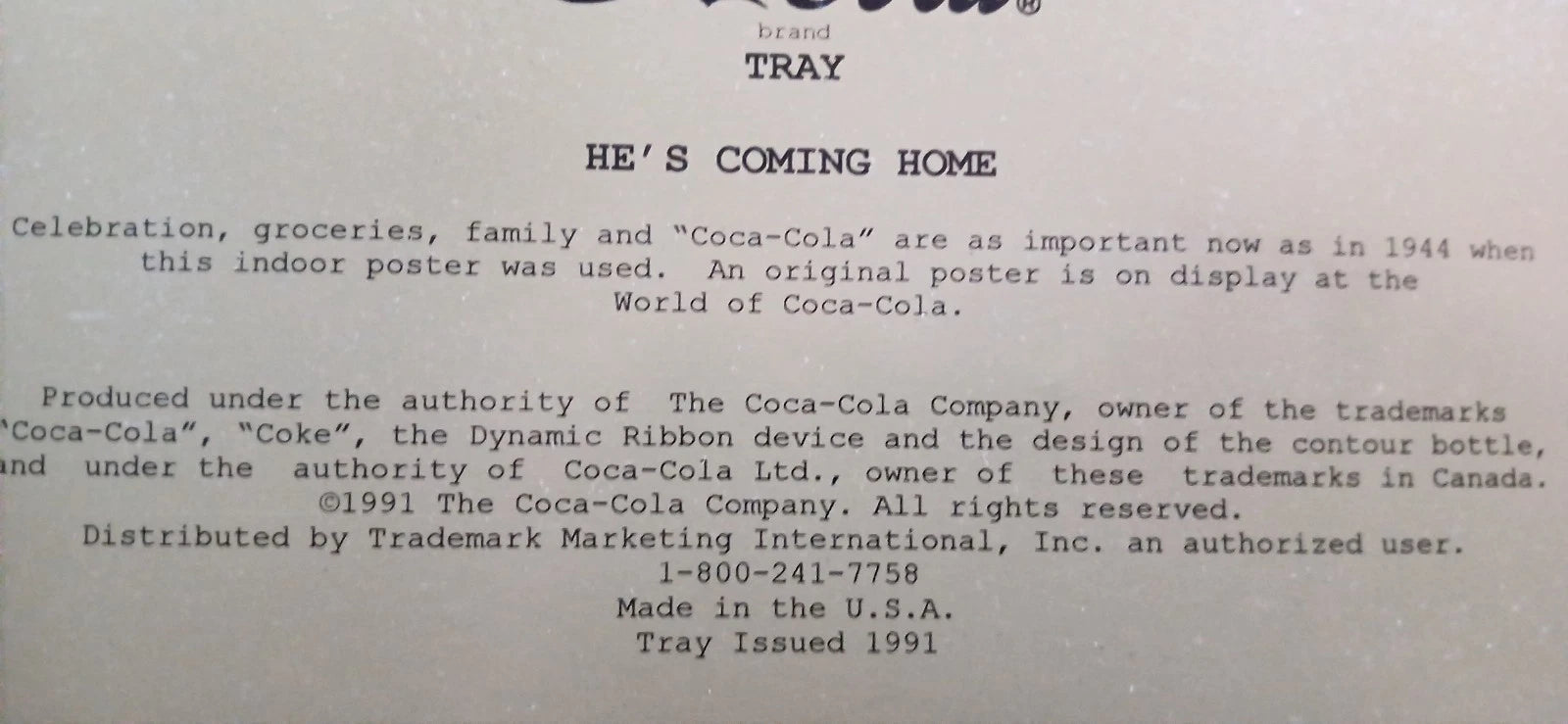 Coca-Cola Vintage Tray “He's Coming Home Tomorrow” 1991
