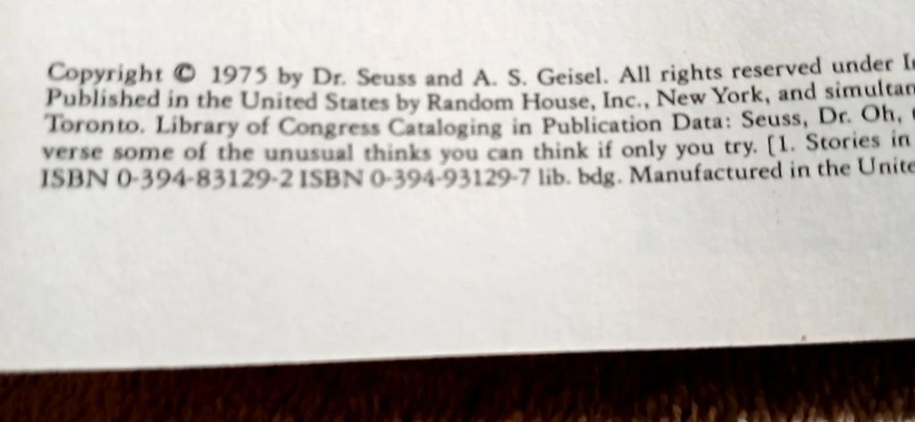 Oh, the Thinks You Can Think! Hardcover by Dr. Seuss 1975 - Very Good